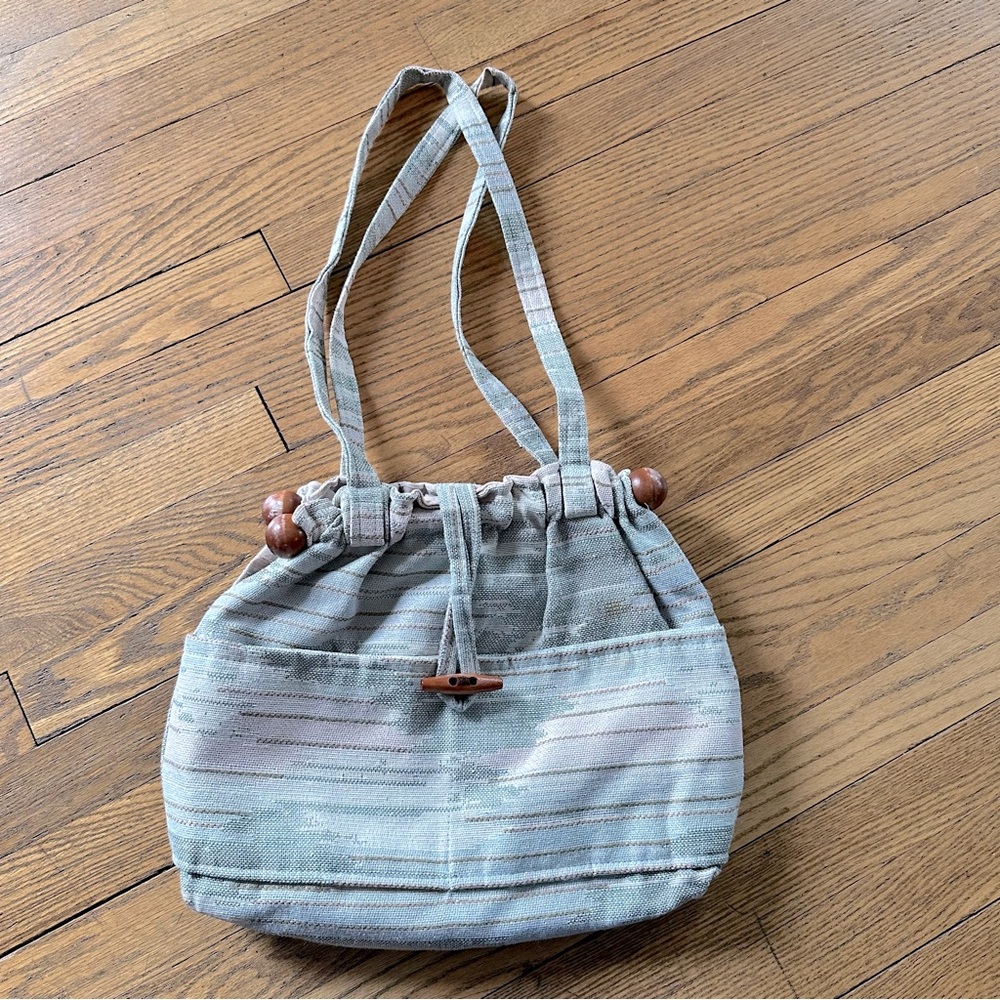 Vintage Boho Chic Green fabric shoulder Tote with Wooden Details